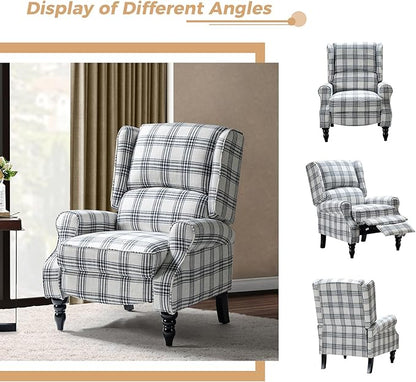 HULALA HOME Upholstered Wingback Recliner Chair, Small Adjustable Footrest Push Back Single Reclining Sofa, Mid Century Modern Lounge Armchair for Living Room, Bedroom, Reading/Plaid Black