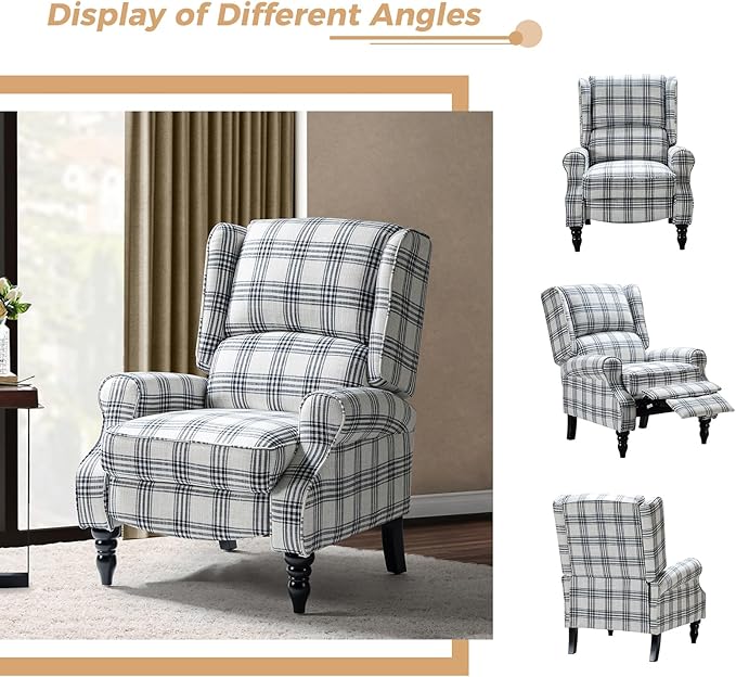 HULALA HOME Upholstered Wingback Recliner Chair Set of 2, Small Adjustable Footrest Push Back Single Reclining Sofa, Mid Century Modern Lounge Armchair for Living Room, Bedroom, Reading/Plaid Black