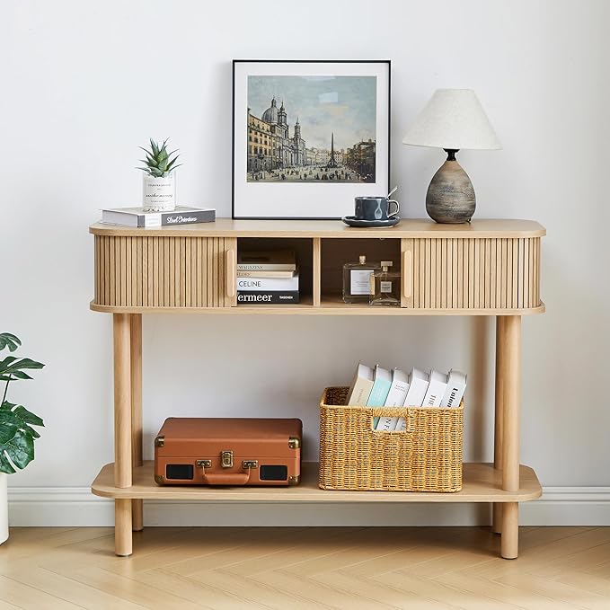 RARZOE Console Table with Storage, Fluted Entryway Table with Sliding Door&Open Shelf, Sofa Table Behind Couch, Mid-Century Modern Accent Table for Hallway, Entrance, Foyer, Fully Assembled(Natural)