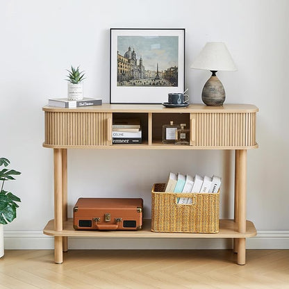 RARZOE Console Table with Storage, Fluted Entryway Table with Sliding Door&Open Shelf, Sofa Table Behind Couch, Mid-Century Modern Accent Table for Hallway, Entrance, Foyer, Fully Assembled(Natural)