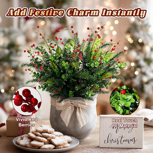 2PCS Artificial Pine Branches with Red Berry Pine Cones Artificial Needles Branches Greenery Stems Fake Greenery Floral Arrangements