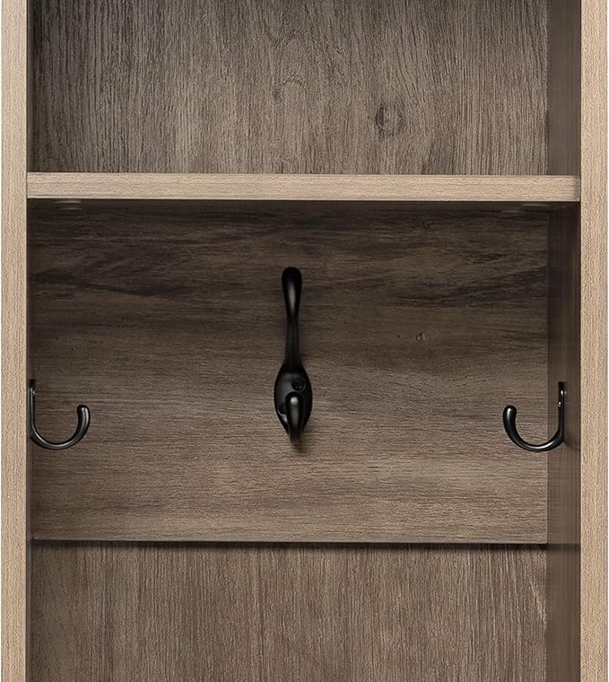 Prepac Narrow Coat Rack Freestanding Hall Tree with 3 Hooks, Entryway Furniture for Coat and Shoe Storage, Entryway Organization with an Adjustable Shelf, 14.75"W x 72.5"H x 15.5"D, Drifted Gray