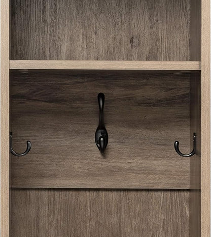 Prepac Narrow Coat Rack Freestanding Hall Tree with 3 Hooks, Entryway Furniture for Coat and Shoe Storage, Entryway Organization with an Adjustable Shelf, 14.75"W x 72.5"H x 15.5"D, Drifted Gray