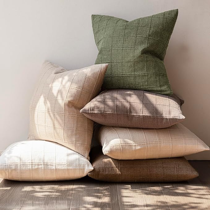 Foindtower Set of 2 Decorative Linen Check Throw Pillow Covers Neutral Farmhouse Lumbar Cushion Covers Modern Boho Home Decor for Sofa Chair Couch Bedroom Living Room,12×20 Inch,Sage Green