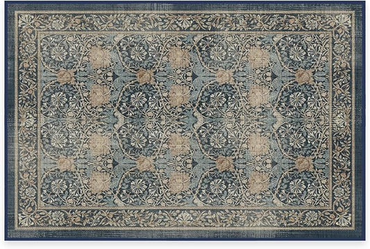 RUGGABLE x Morris & Co Machine Washable Area Rug – Honeysuckle & Tulip Blue 2x3, Stain-Resistant, Non-Slip – Small Rugs for Living Room, Bedroom, Hallway, Entryway & Bathroom–with Cushioned Pad