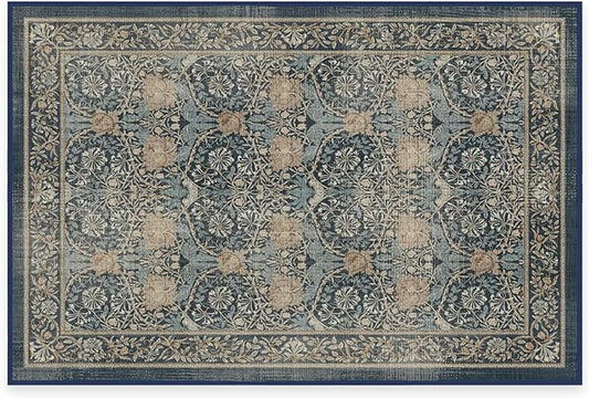 RUGGABLE x Morris & Co Washable Area Rug– Honeysuckle & Tulip Blue 2x3, Stain-Resistant, Non-Slip –Small Machine Washable Rugs for Living Room, Bedroom, Hallway, Entryway & Bathroom–with Standard Pad