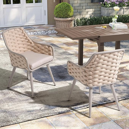 SUNSITT Outdoor Dining Chairs Set of 4, Metal Outdoor Patio Dining Chairs with Weather-Resistant Cushions, Woven Rope Chairs Outdoor with Armrest Champagne Outdoor Furniture Chairs for Backyard
