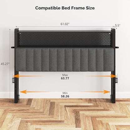 VINGLI Queen Size Headboard Only, Adjustable Upholstered Headboard with 2 Tier Shelves and Pegboard with Charging Stations and LED Lights, Modern Bed Headboard with Storage for Bedroom Decor