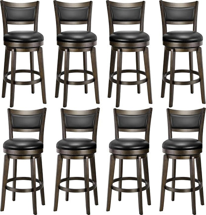 PrimeZone Swivel Bar Stools Set of 8, 26 Inch Counter Height Barstools, Black Faux Leather Bar Stool with High Backrest & Solid Wood Legs & Wrap-around Footrest, Counter Stools for Kitchen Island, Pub
