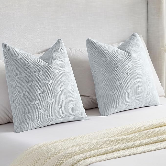 FUTEI Light Blue Chenille Decorative Throw Pillow Covers 12x20 Inch Set of 2,Soft Cozy Striped Geometric Patterns Lumbar Pillow Cases,Modern Home Decor for Couch Bed Living Room