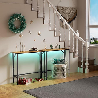 Narrow Console Table with Led Light and Charging Station，29.5" Small Entryway Table，Display Table，Entryway Hallway Thin Sofa Table Behind Sofa, Small Spaces, Living Room, Rustic Brown