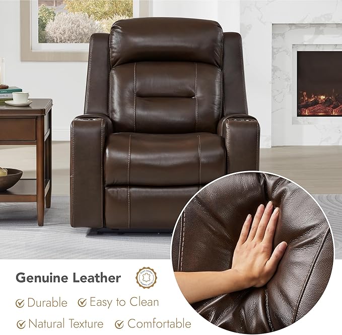 Watson & Whitely Oversized Genuine Leather Power Recliner Chairs for Big and Tall, Extra Wide Lay Flat Recliner with Power Headrest & Cup Holders, Electric Reclining Sofa for Living Room, Dark Brown