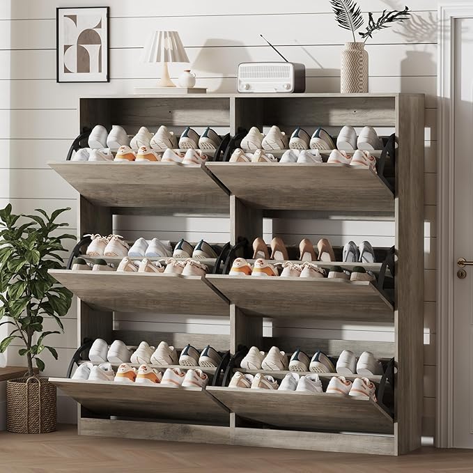 Shoe Storage Cabinet for Entryway with 6 Flip Drawers, Sturdy Wood Hidden Shoe Storage, Freestanding Narrow Slim Shoe Organizer for Front Door Entrance, Living Room, Hallway, Bedroom, Grey
