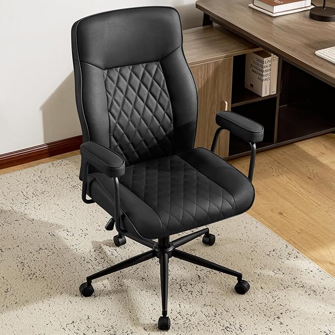Leather Home Office Desk Chairs, Comfy Office Chair, Mid Century Modern Office Chair with Lumbar Support, Mid-Back Adjustable Swivel Computer Chair with Wheels and Arms, Black