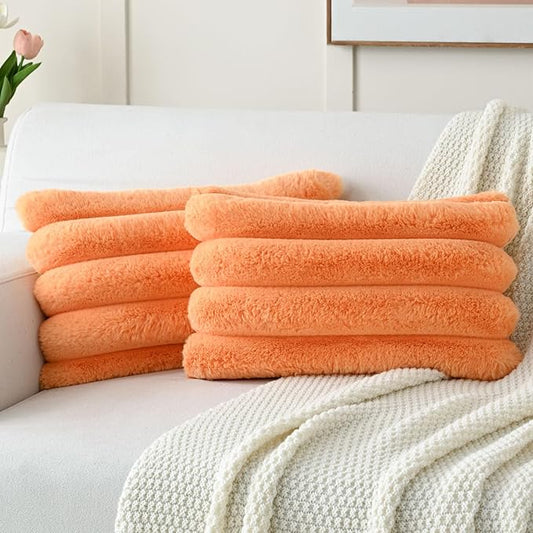 FUTEI Orange Decorative Throw Pillow Covers 12x20 Inch Set of 2, Square Soft Faux Rabbit Fur Thick Striped Lumbar Pillow Case,Winter Home Decor for Couch Bed Living Room