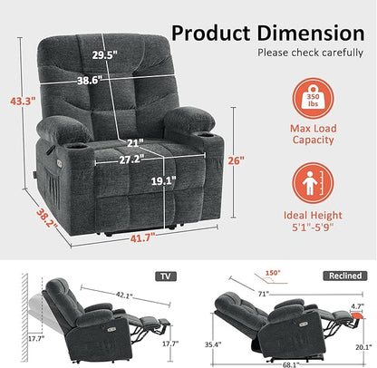 MCombo Oversized Power Lift Recliner Chair with Extended Footrest for Elderly People, Fabric R7289 (Dark Gray, Medium-Oversize)