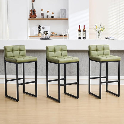 Bar Stools Set of 3, Modern Tall Counter Height Barstools with Back and Thickened Metal Legs, 30" Faux Leather Bar Chairs for Kitchen Island, Bar, Counter (Avocado Green, 3Pcs 30" Bar Stools)