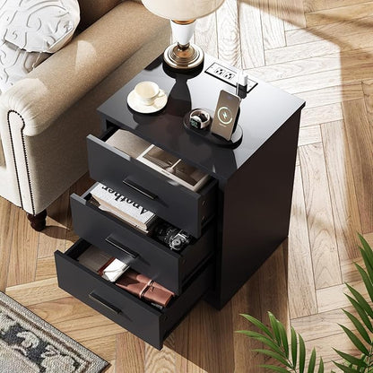 LIDYUK Black Dresser for Bedroom, 3 Drawer Dressers & Chest of Drawers, Modern Wood Dresser with Charging Station, End Table Nightstand Bedside Table for Bedroom, Living Room