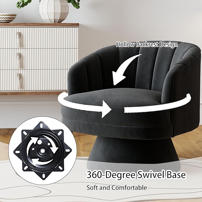 Swivel Accent Chair Set of 2,Upholstered Velvet 360° Swivel Barrel Chair for Living Room Overstuffed Bouncle Reading Chair Round Armchair for Bedroom,Vanity,Office (Black)