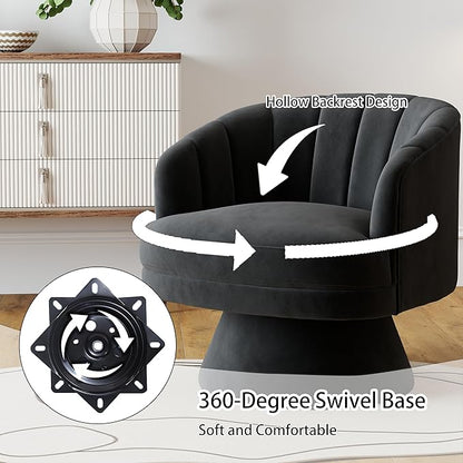 Swivel Accent Chair,Upholstered Velvet 360° Swivel Barrel Chair for Living Room Overstuffed Bouncle Reading Chair Round Armchair for Bedroom,Vanity,Office (Black)