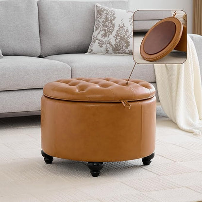 24Inch Round Storage Ottoman with Tray, Modern Tufted Leather Circle Coffee Table with Storage, Upholstered Ottoman with Removable Top for Living Room, Bedroom, Leather Brown