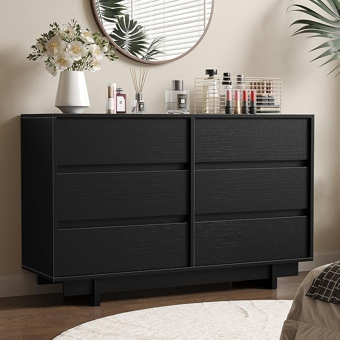 Black Dresser for Bedroom, 47" Wide 6 Drawer Dresser, Mid Century Modern Dressers Chest of Drawers, Wooden Large Dressers for Bedroom, Closet