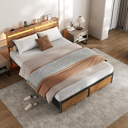 Forestell Queen Bed Frame with Wood Headboard, Metal Platform Bed with 2 Storage Drawers & Shelf, Built-in Charging Station & LED Lights, No Box Spring Needed, Vintage Brown, Cama Queen Size