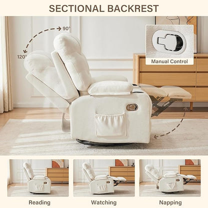 Manual Rocker Recliner Chair, 360°Swivel Recliner Chairs for Adults, Single Recliner Seat with Cup Holders,Upholstered Fabric Lazy Boy Recliner,White