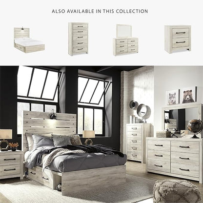 Signature Design by Ashley Cambeck Farmhouse Full Panel Platform Bed with 4 Storage Drawers, Sconce Light and USB Ports, Foundation or Box Spring Not Needed, Whitewash