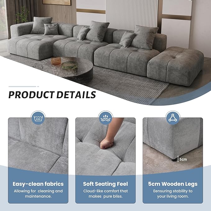 WJShome 158" Oversized Modular Sectional Sofa, L Shaped Couch with Ottoman,Sectional Couches for Living Room,Large Linen Deep Seat with Pillow Couches for Home,Spacious Space,Gray