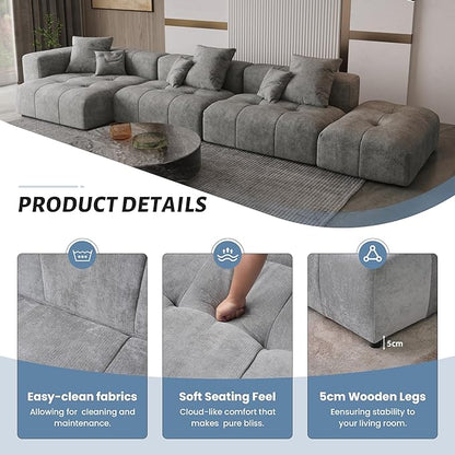 WJShome 119" L Shaped Sectional Couch,Modern Modular Sofa with Ottoman,Linen Deep Loveseat with Pillows Couches for Living Room, Bedroom and Apartment,Gray