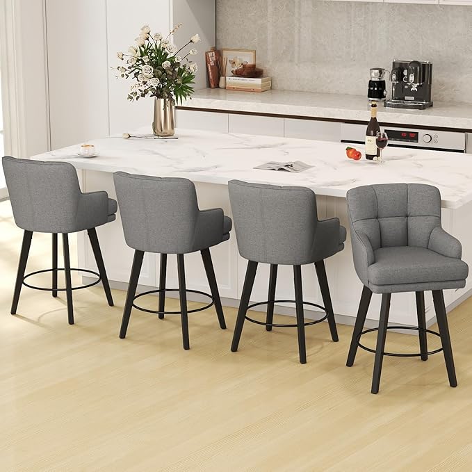 360°Swivel Counter Height Bar Stools with Back, 26 inch Solid Wood Legs, Bar Stool Modern Kitchen Island Chairs, Fabric (Mid-Grey- Fabric, 26" H- Set of 4)