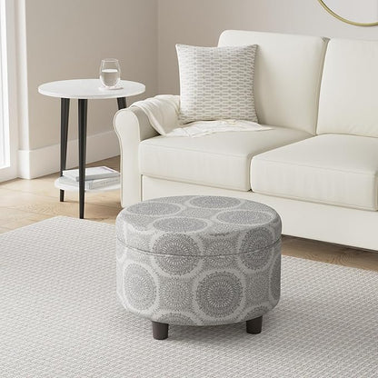 HomePop Home Decor | Upholstered Round Storage Ottoman | Ottoman with Storage for Living Room & Bedroom (Light Grey Medallion) Large