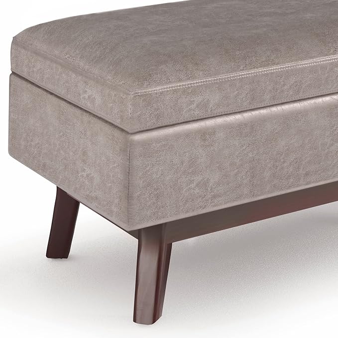 SIMPLIHOME Owen 36 inch Wide Mid Century Modern Small Rectangular Storage Ottoman in Distressed Grey Taupe Vegan Faux Leather, Assembled, For the Living Room, Entryway and Family Room