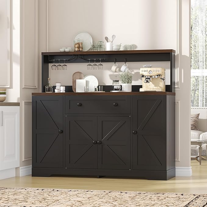 Hutch Storage Buffet Cabinet with Drawers, and Charging Station, Coffee Bar Cabinet with Barn Doors, Wine Rack and Hooks, White Wood Sideboard Buffet for Kitchen, Dining Room, 47.8" High