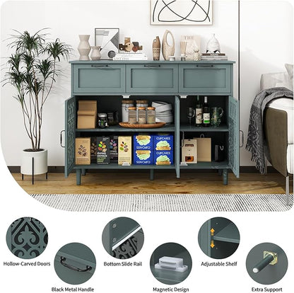 Sideboard Buffet Cabinet with Storage - Accent Storage Cabinet with Carved Pattern, Modern 3 Door 3 Drawer Cabinet, Farmhouse Wood Credenza for Living Room, Dining Room (Green)