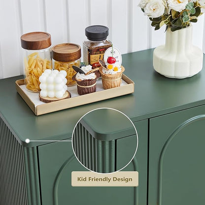 ORRD Fluted Storage Cabinet, Modern Credenza Wooden Accent Sideboard Buffet Cabinet Set of 2 with Adjustable Shelves and Solid Wood Legs, Console Table for Kitchen Dining Living Room Entryway, Green