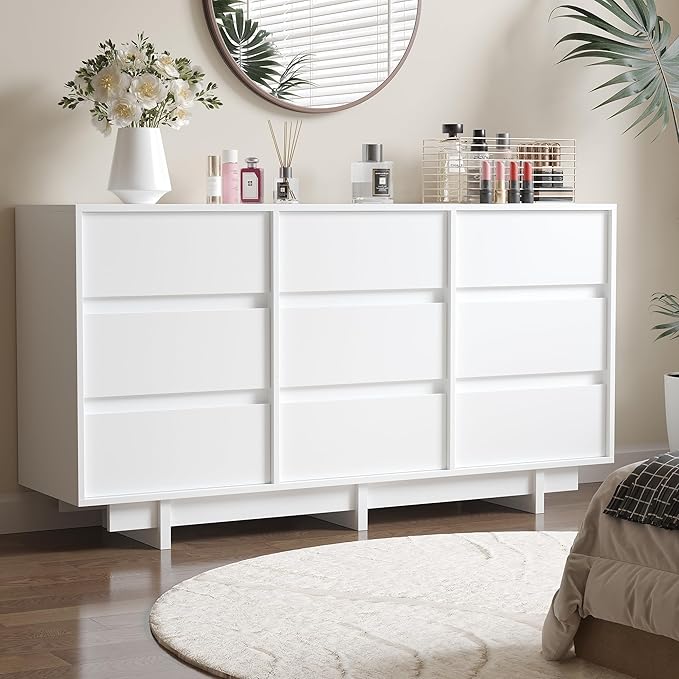 White Dresser for Bedroom, 59" Wide 9 Drawer Dresser, Mid Century Modern Dressers Chest of Drawers, Wooden Large Dressers for Bedroom, Closet