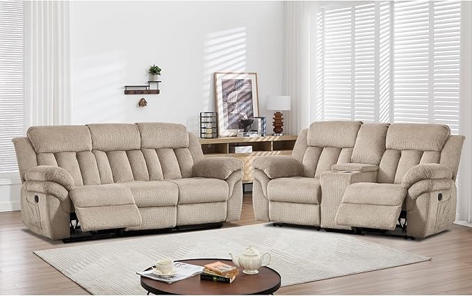 CANMOV Recliner Sofa Set,Manual Recliner Loveseat and 3-Seat Sofa with Overstuffed Armrest for Living Room,Bedroom Furniture,Office,Light Brown,2+3 Seat