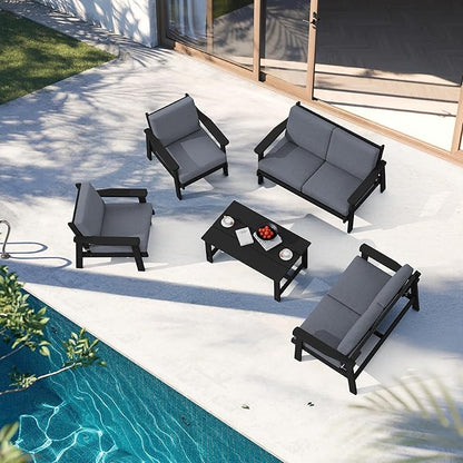 SERWALL HDPE Patio Furniture Set, 5 Piece All Weather Wood-Like Sectional Outdoor Furniture Set, Black Patio Sofa Couch with Grey Cushions for Deck, Lawn
