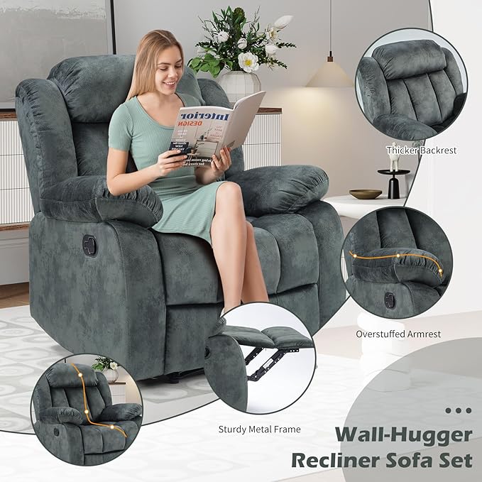 INZOY Manual Recliner Chair with Padded Armrest, Wall-Hugger Single Sofa Recliners with Overstuffed Back, Classical Fabric Reclining Chairs for Living Room Theater Seating, Grey