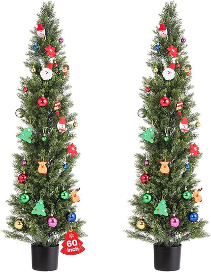 VEVOR Artificial Cedar Topiary Trees, 60 inch 2 Set Faux Pine Shrubs Plants, Fake Silk Tree Look Real, Easy Assembly for Decor Front Porch Outdoor Patio Garden Balcony Backyard Indoor Office