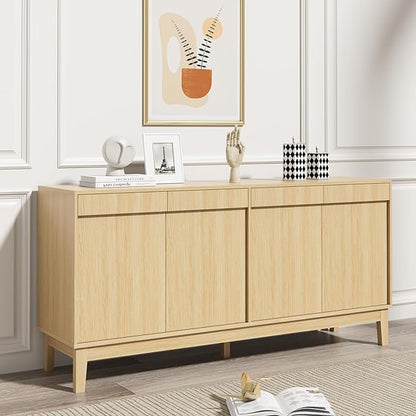 Scurrty Modern Buffet Cabinet with Storage,Wood Color Buffet with Adjustable Shelf and 4 Doors, Natural Wood Grain Accent Cabinet for Living Room & Kitchen