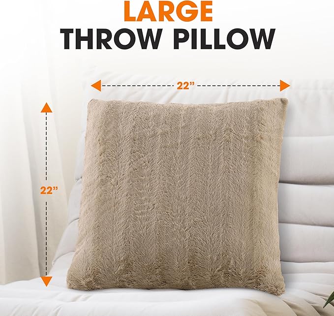 Cheer Collection Faux Fur Throw Pillows - Decorative Pillows for Couch, Bed Throw Pillows, Sand Accent Pillows for Bedroom or Living Room Aesthetic, Set of 2 Furry Throw Pillows, 22" x 22"