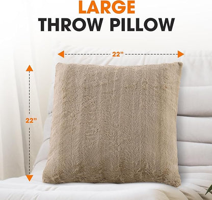 Cheer Collection Faux Fur Throw Pillows - Decorative Pillows for Couch, Bed Throw Pillows, Sand Accent Pillows for Bedroom or Living Room Aesthetic, Set of 2 Furry Throw Pillows, 22" x 22"