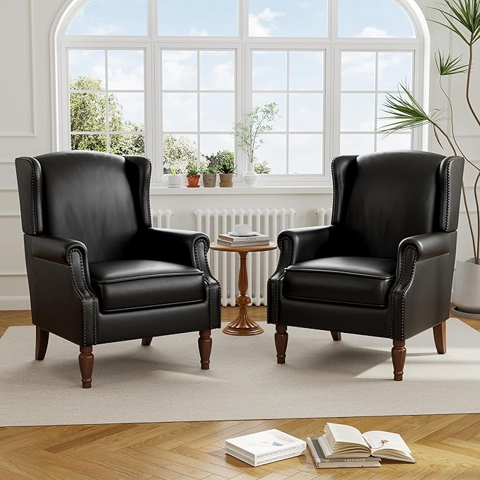 Accent Chair, Upholstered High Back Armchair with Nailhead Trim & Wood Legs, Comfy Wingback Reading Single Sofa Chair for Small Spaces, Living Room, Bedroom (Leather Black, Set of 1)