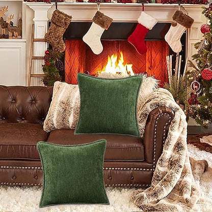 decorUhome Christmas Chenille Soft Throw Pillow Covers 18x18 Set of 2, Farmhouse Velvet Neutral Decorative Euro Fall Pillow Covers with Stitched Edge for Couch Sofa Bed Home Decor, Forest Elf