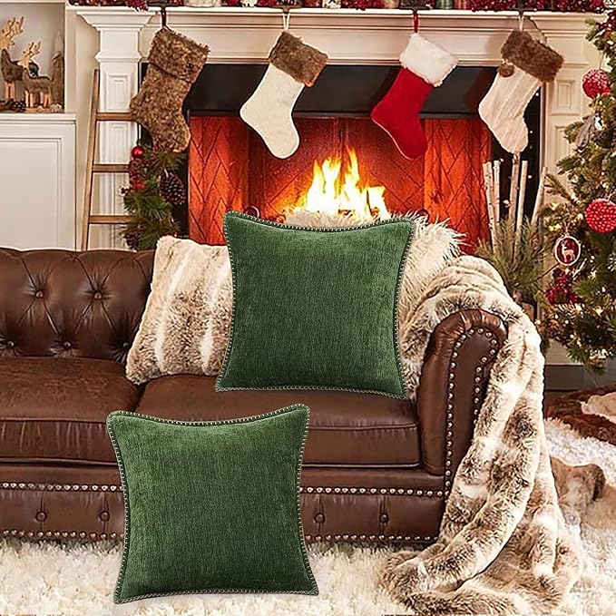 decorUhome Christmas Chenille Soft Throw Pillow Covers 20x20 Set of 2, Farmhouse Velvet Neutral Decorative Euro Fall Pillow Covers with Stitched Edge for Couch Sofa Bed Home Decor, Forest Elf