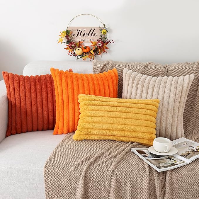 Pallene Faux Fur Plush Fall Throw Pillow Covers 12x20 Set of 2, Luxury Soft Fluffy Striped Decorative Pillow Covers for Sofa, Couch, Living Room, Burnt Orange