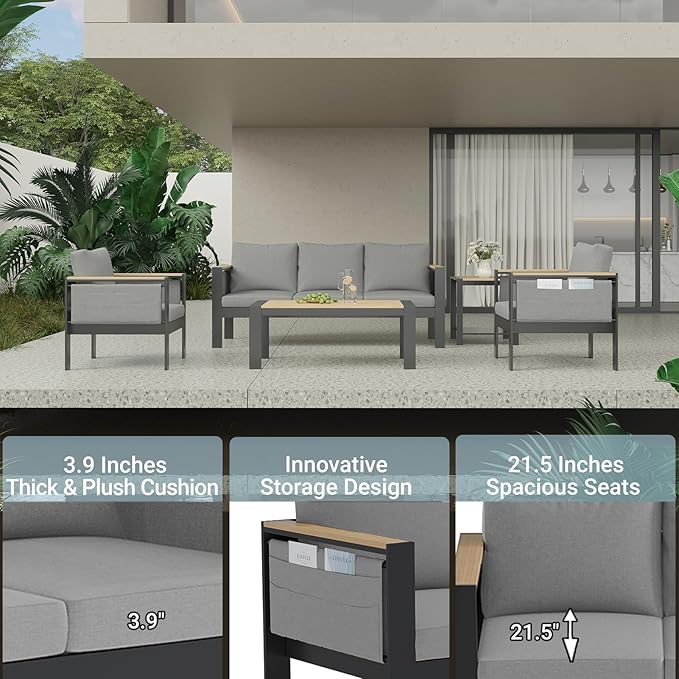 Corinth 5-Piece Aluminum Patio Conversation Set - Outdoor, Porch, Balcony, Yard, Gardern, All Weather Furniture Set with 3 Seater Sofa, Grey
